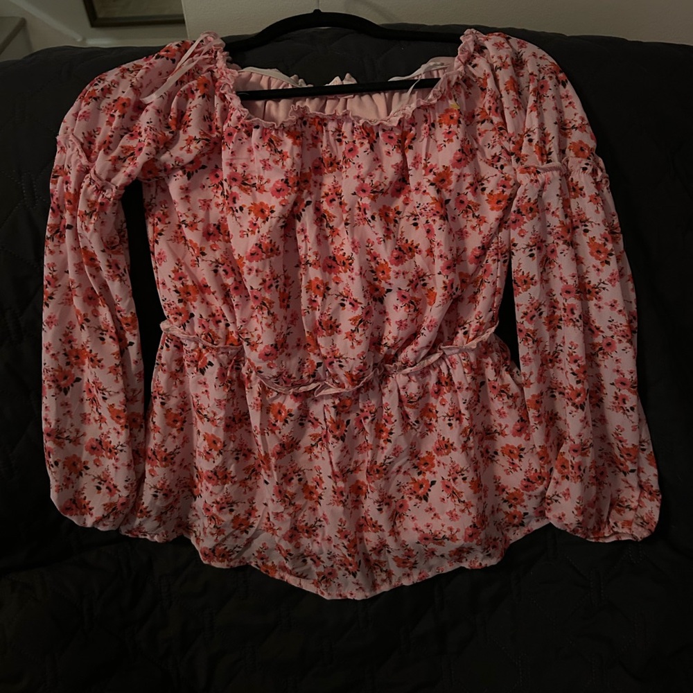 Pink Lily Floral Blouse with Red and Orange Accents